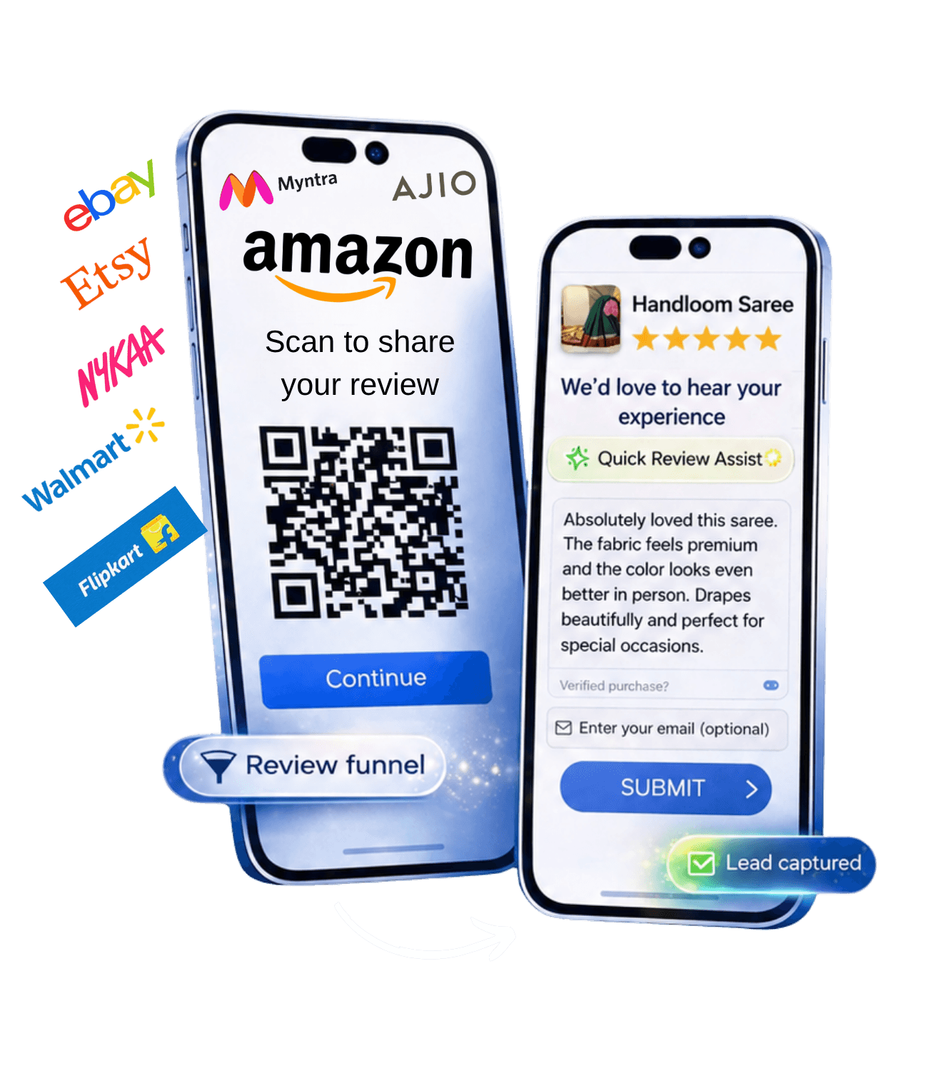 ReviewLead ecommerce seller funnel mockup showing review flow and optional lead capture