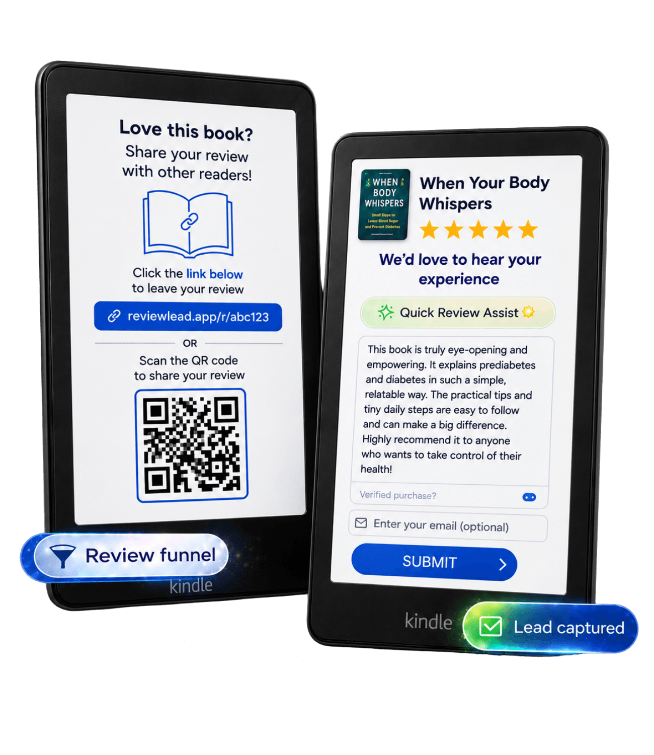 ReviewLead Kindle author funnel mockup showing review flow and optional lead capture